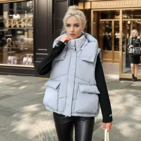 2023 Inverno Nuovo Bodywarm Donne Bianco Caldo Cotone Imbottito Puffer Gilet Corto Senza Maniche Parka Giacca Con Cappuccio Dell