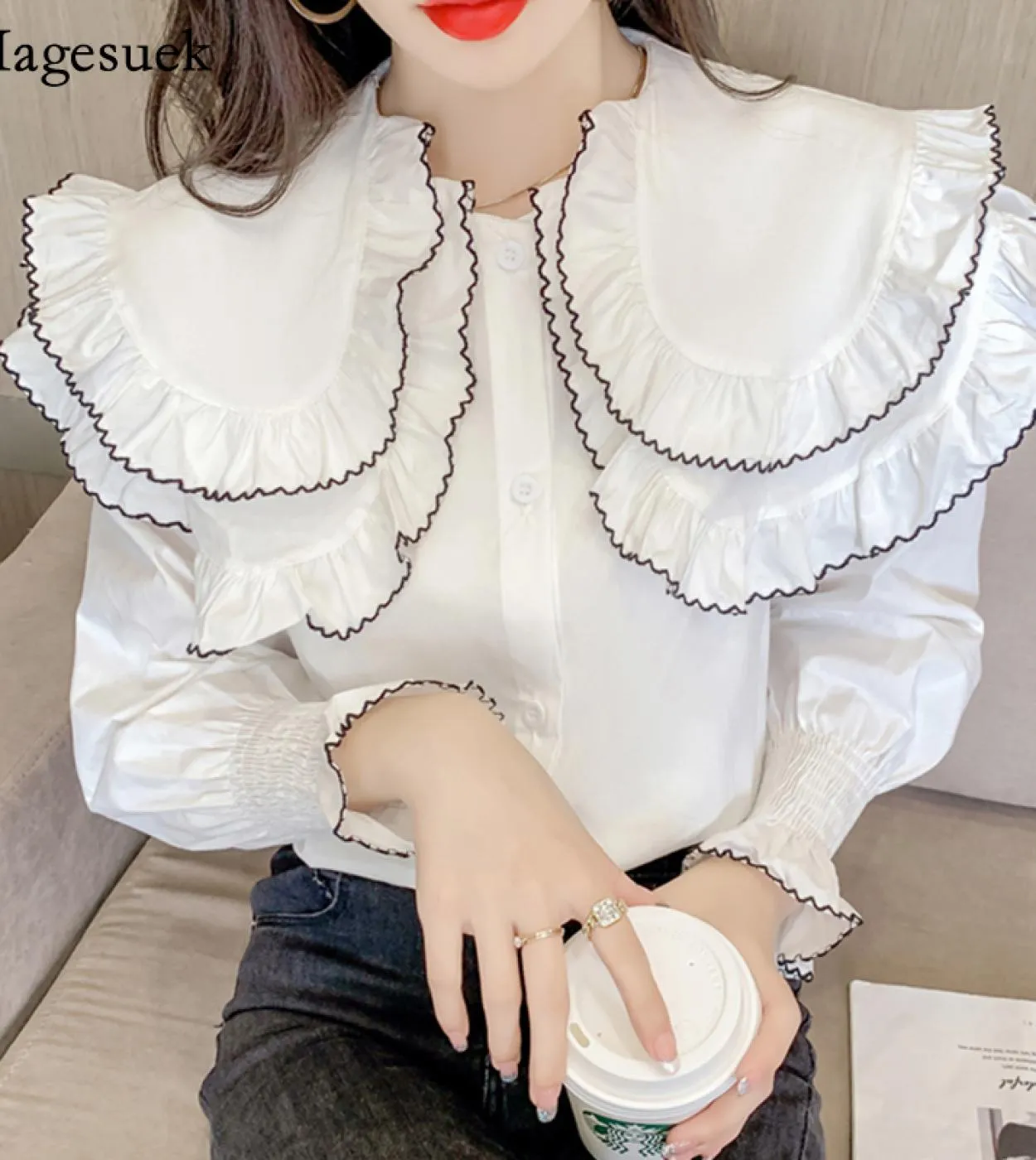 Camicette con top vintage con volant Camicia bianca Maniche con volant Camicia bianca Colletto con volant Camicia da donna