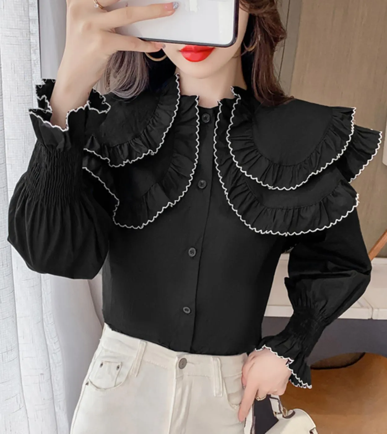 Camicette con top vintage con volant Camicia bianca Maniche con volant Camicia bianca Colletto con volant Camicia da donna