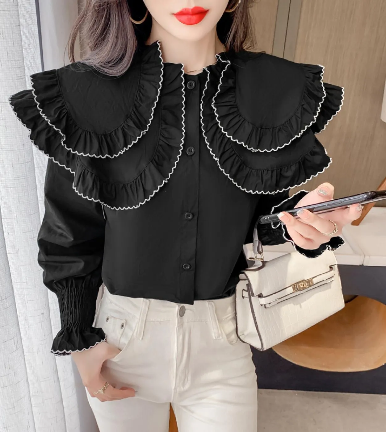 Camicette con top vintage con volant Camicia bianca Maniche con volant Camicia bianca Colletto con volant Camicia da donna