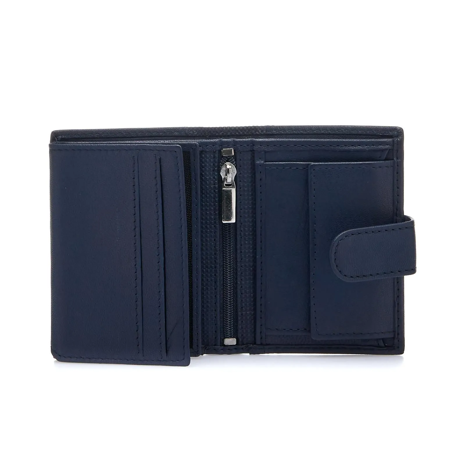 Portafoglio blu con chiusura esterna e zip interna