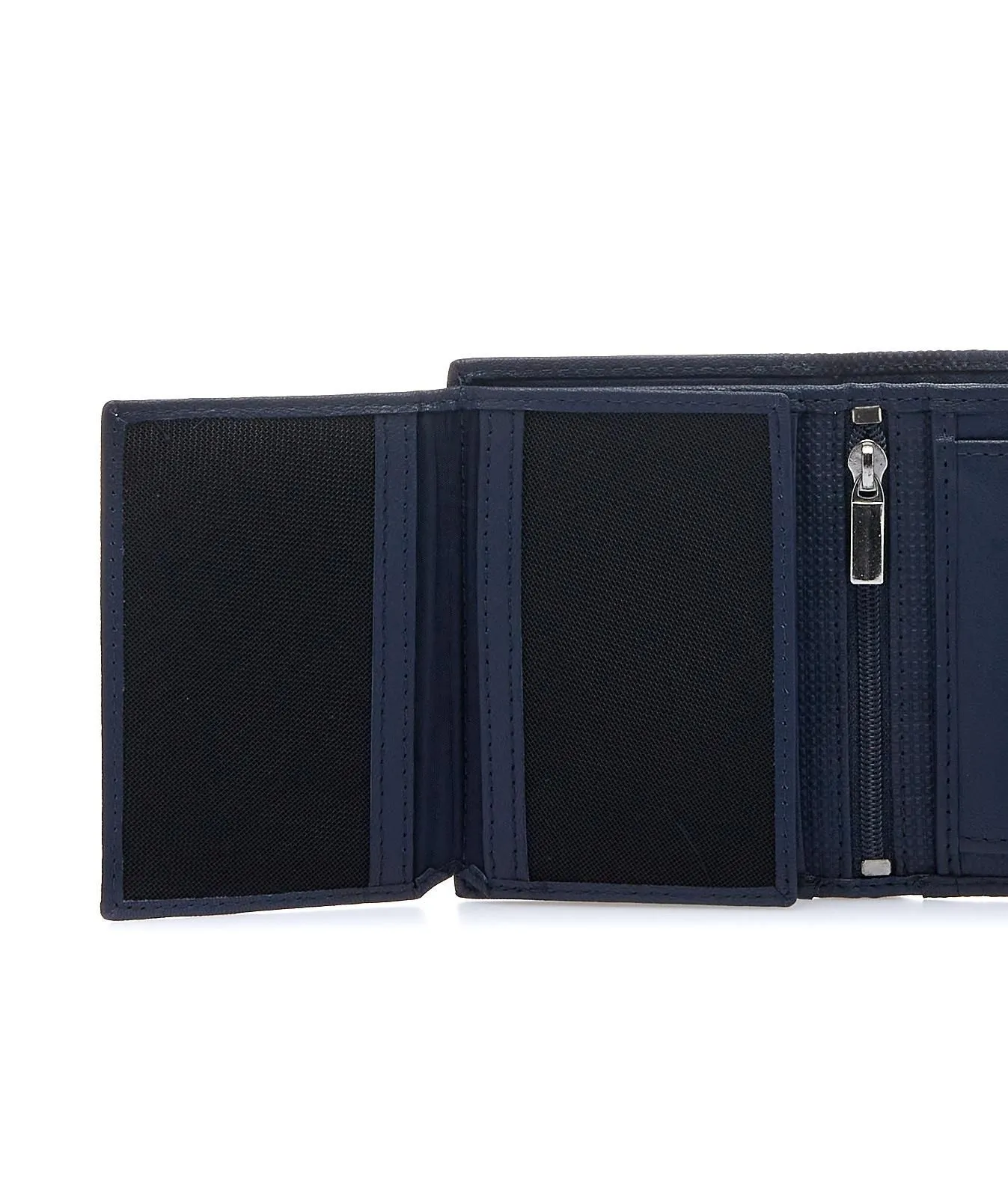 Portafoglio blu con chiusura esterna e zip interna