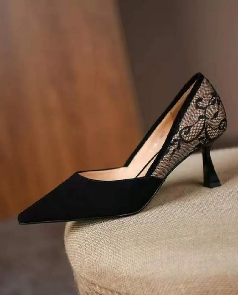 Scarpe con tacco alto in pizzo nero Scarpe da donna con bocca superficiale retrò Slip traspiranti su scarpe da donna in tinta un