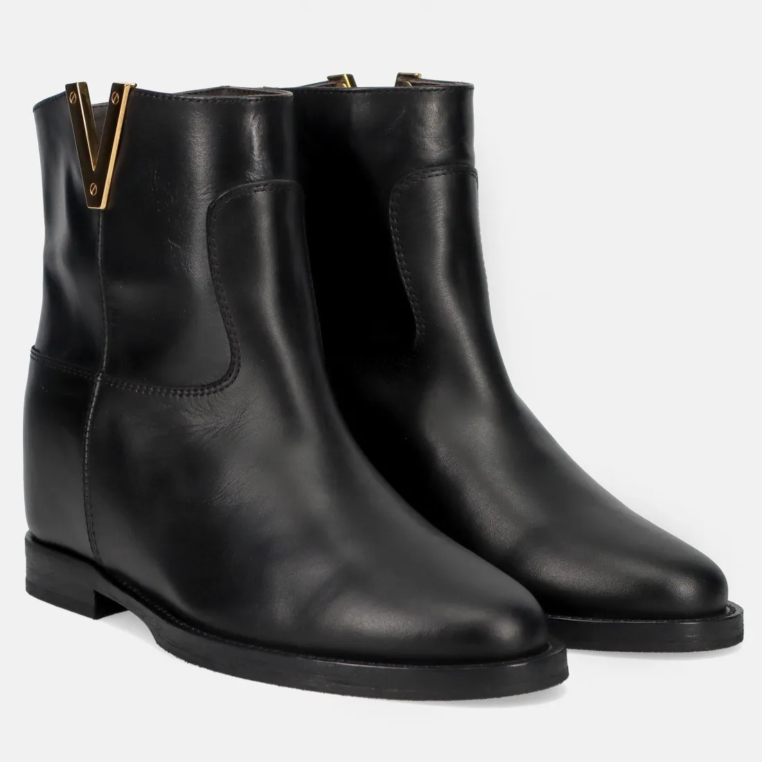 Stivaletto Via roma 15 2576 nero in pelle con V oro e zeppa interna